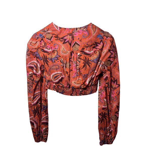 Womens SZ 4 Bohemian Long Sleeve Cropped Blouse Button Front & Elastic Back - Picture 2 of 9